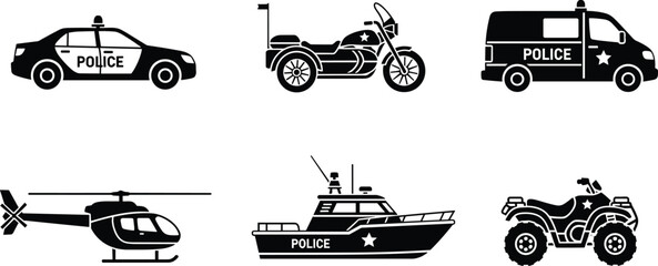 Police Transport Vehicles Silhouette Vector Illustration Set, Patrol Car, Motorcycle, Van, Helicopter, Boat and ATV Collection © MstMorshida