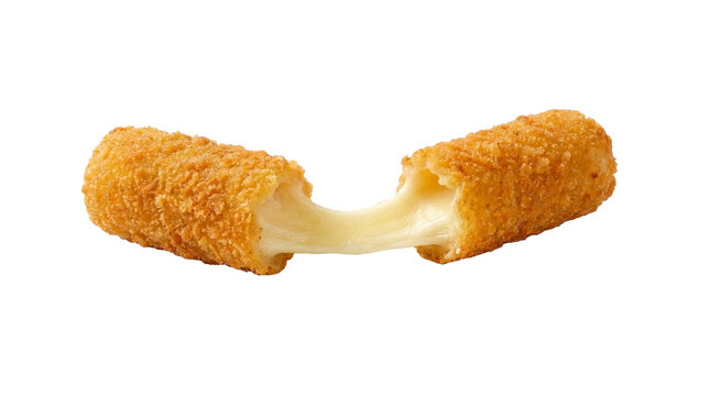 Golden fried mozzarella stick broken with melted cheese, isolated on transparent background