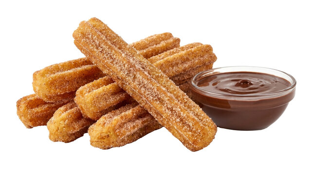 Golden brown sweet churros with sugar and rich chocolate sauce isolated on transparent background