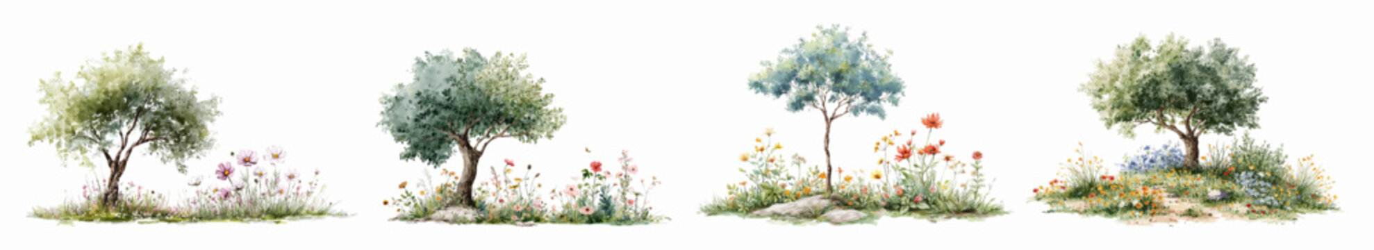 Watercolor trees with blooming wildflowers and vibrant green foliage, illustration of botanical nature elements creating a natural garden landscape on white background