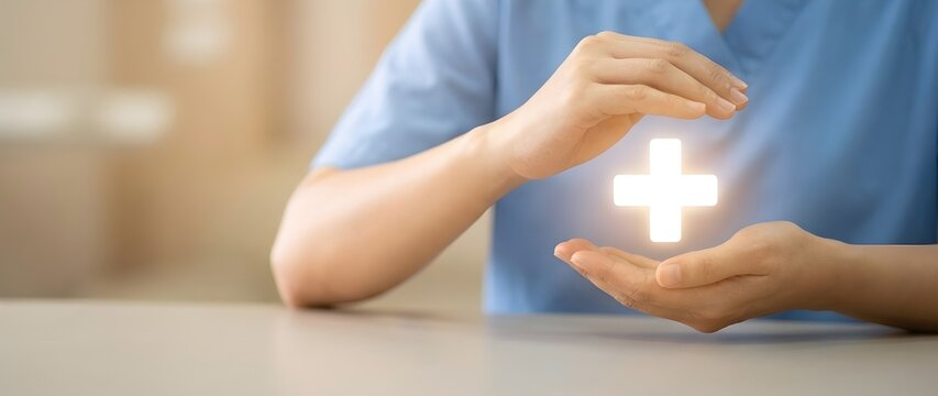 Nurse in scrubs cradling glowing cross symbolizing healthcare safety in beige atmosphere with soft lighting, professional photography focus showcasing care protection
