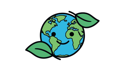 Fototapeta premium Cute earth character with green leaves hugging the planet, representing environmental protection, sustainability, and eco friendly awareness