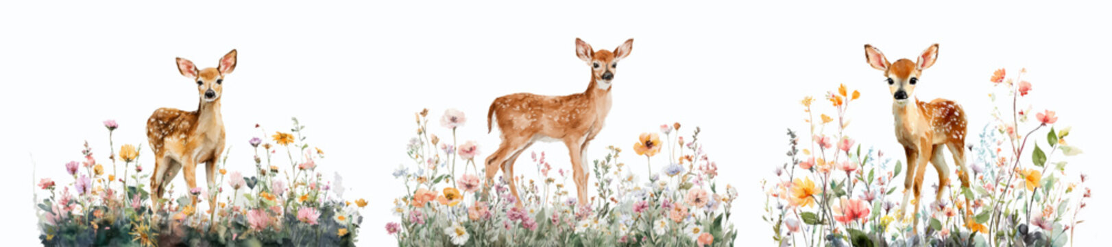 Three watercolor baby deer fawns standing in a pastel wildflowers meadow, capturing the essence of spring, nature, and delicate wildlife illustration