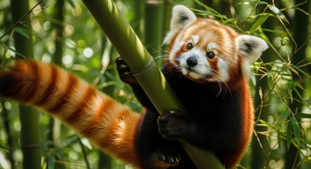 Obraz premium Red Panda Clinging to Bamboo Stalk in Forest