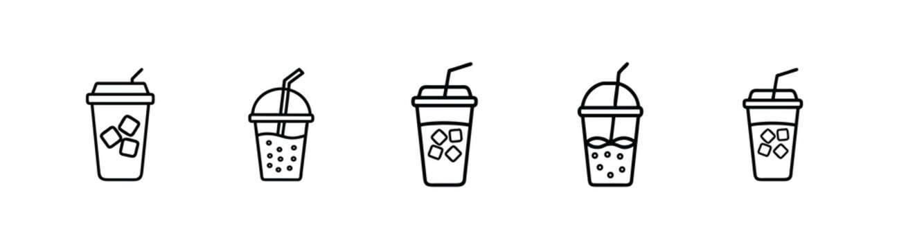 Soft drink and soda beverage plastic cup outline icon set featuring iced juice or cold takeaway cocktail with straw vector illustration editable stroke