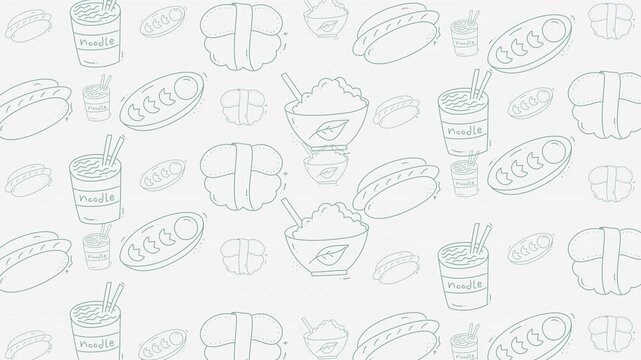 Food doodle art with hotdogs, sushi, and noodles in a playful pattern. Perfect for menu designs, food blogs, and kitchen decor.