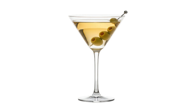 Isolated martini with green olives in a clear glass against a plain backdrop close up studio shot