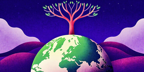 Fototapeta premium Whimsical Tree Sprouts From Earth Globe Under Starry Night Sky And Hills Keywords: vector illustration