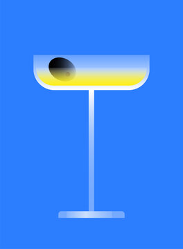 Minimalist flat vector style illustration of a classic martini cocktail with a black olive in a glass, set against a vibrant blue background. Perfect for bar menus, party invitations, promos