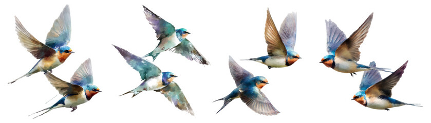 Barn swallows are depicted in various dynamic flying poses, representing concepts of freedom, migration, and the beauty of avian wildlife through a vibrant watercolor illustration © Narin