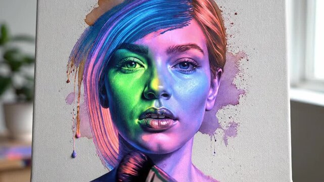 Single Brush Stroke Portrait &mdash; Watercolor Flow Evolving into Neon Digital Art Loop