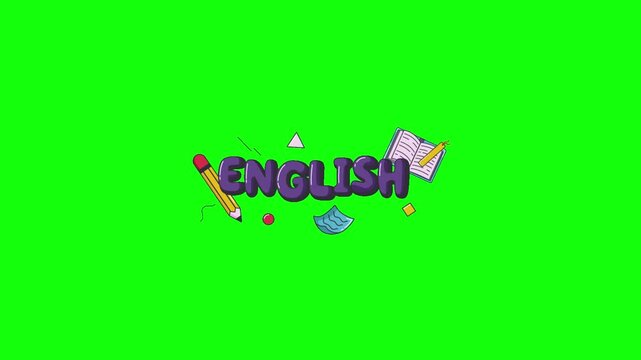 Looping 2D animation of bold purple &lsquo;ENGLISH&rsquo; text with glossy 3D effect, surrounded by playful learning icons &mdash; yellow pencil writing centered on bright green chroma key background.