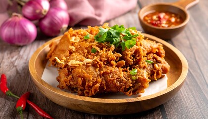 Golden fried chicken on wood plate, garnished with herbs, paired with chili sauce. Onions and cloth in background