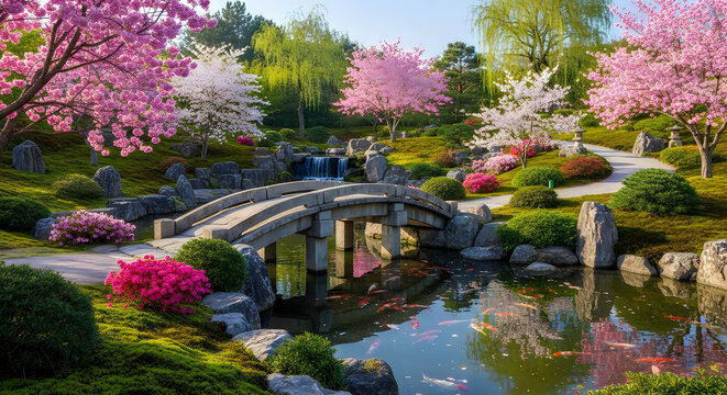 A serene japanese garden featuring a stone bridge and blooming cherry trees