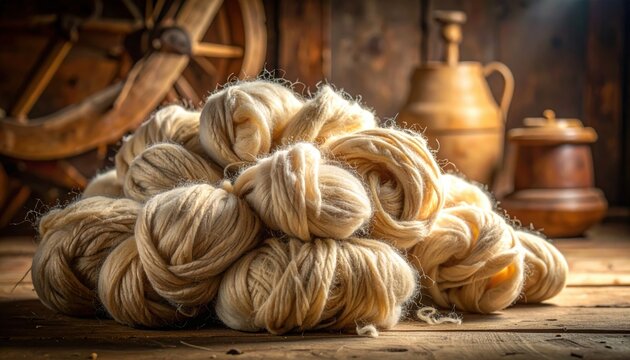 A realistic photograph capturing a soft, even bundle of rough, undyed wool roving, showcasing natural crimp and intricate fiber variations.