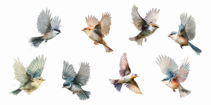 Collection of various watercolor birds flying, wings spread, isolated on white background, creating a vibrant set of avian wildlife for design elements and nature concepts
