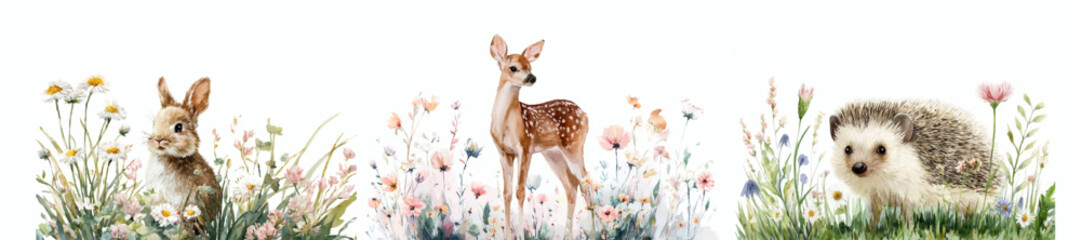 Forest animals nursery art banner with a cute rabbit, young deer fawn, and hedgehog standing in a spring meadow with delicate wildflowers and green grass © Narin