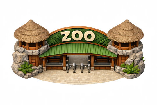 Entrance to a vibrant zoo with thatched roofs and stone accents, inviting visitors
