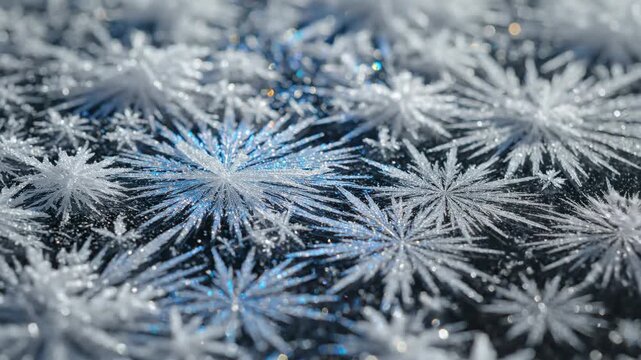 Closeup of crystalized frost patterns forming and expanding on a chilled surface