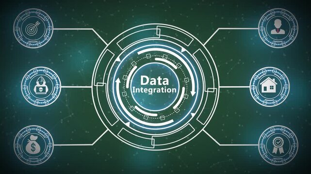 Futuristic Data Integration HUD Interface with Digital Information Synchronization System, Network Connection Dashboard and Cloud Technology Visualization