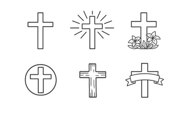 Fototapeta premium Easter cross icon set in outline style. Monochrome editable stroke vector collection isolated on transparent background for religious holiday and church design.