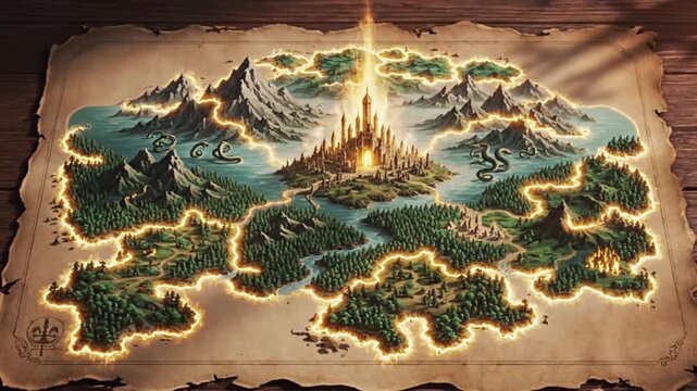 Storybook Fantasy Map &mdash; Glowing Ink Outlines Revealing Evolving Terrain Seamless 4K Loop