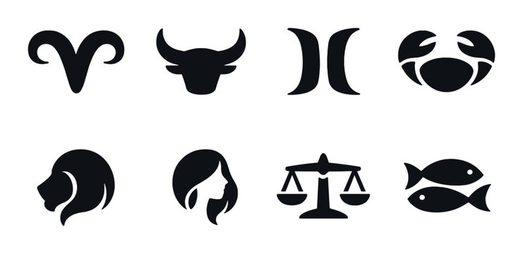 Zodiac sign silhouettes arranged in grid on dark background