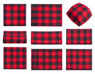 Red and black buffalo plaid fabric swatches and folded textiles