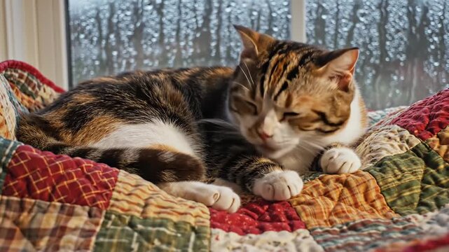 Peaceful Calico Cat Napping on a Cozy Patchwork Quilt by a Rain-Streaked Window on a Relaxing Day