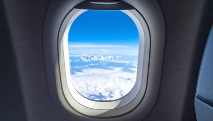 Naklejka premium Airplane Window View - Blue Sky and Clouds from Above.