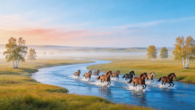 Galloping Horse Herd Crossing Winding River on Misty Sunrise Grassland