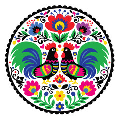 Obraz premium A colorful illustration of two roosters surrounded by vibrant flowers and foliage