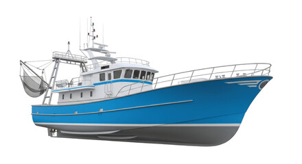 Naklejka premium Isolated fishing vessel, commercial trawler with net for sea fishery and seafood industry
