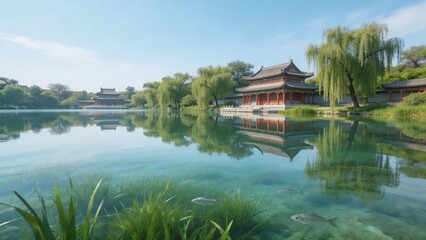 Serene Traditional Chinese Garden Lake with Ancient Pavilion and Willow Tree Reflections
