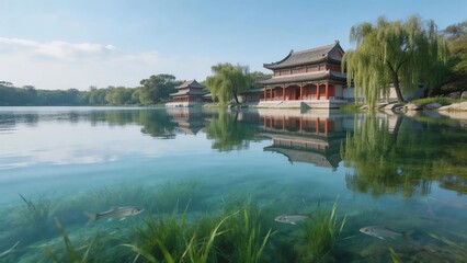Obraz premium Serene Traditional Chinese Garden Lake with Ancient Pavilion and Willow Tree Reflections