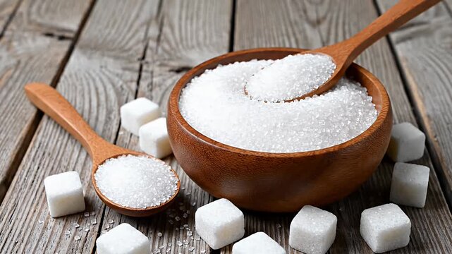 White granulated sugar and cubes with spoons in wooden bowl