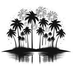 Fototapeta premium Black and white palm trees fireworks illustration, tropical celebration scene