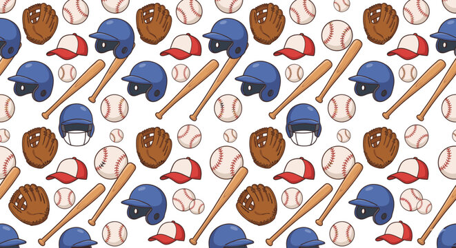 Seamless pattern with baseball equipment, bats, balls and helmets