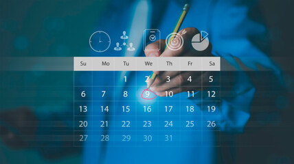 Schedule planning, reminders, time management, mobile productivity, and smart personal organization . Person using smartphone with digital calendar overlay, highlighting an important date. © Krittamet