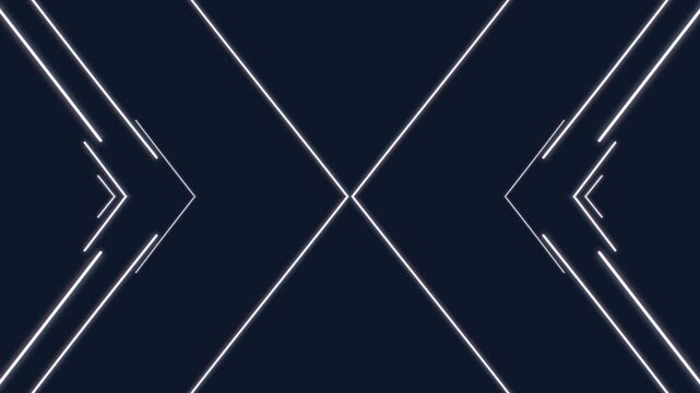 Abstract animation features glowing white neon lines forming dynamic geometric patterns and arrow shapes on a dark background.