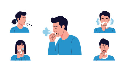 Obraz premium Group of illustrated characters showing men and women suffering from seasonal allergies or colds with symptoms like sneezing and coughing.