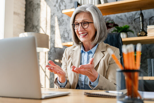 Confident virtual presenter. Mature senior woman business professional expert trainer coach present ideas on webinar consult via video call speak talk on video conference using computer app