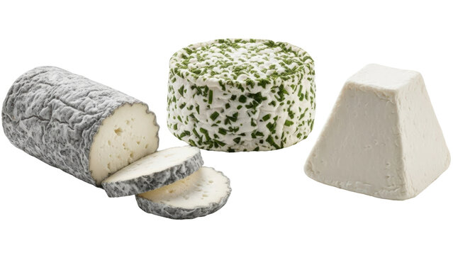 Isolated selection of artisan cheese, fresh goat cheese, with herbs and natural ash rinds