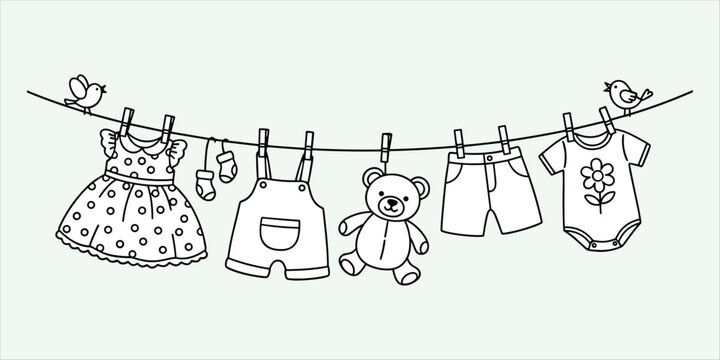 Children's clothes and teddy bear hanging on a clothesline with birds Keywords: children, clothes, baby, teddy bear, hanging