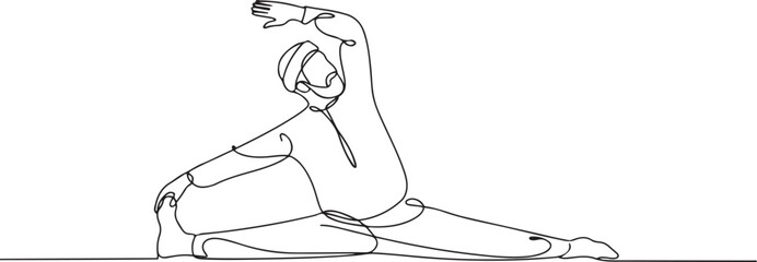 Single continuous line drawing Arab man stands with one hand raised the other hand holding tip of leg. Stretching. Take advantage of free time for light exercise. one line Icon drawing © MofajjolHossen