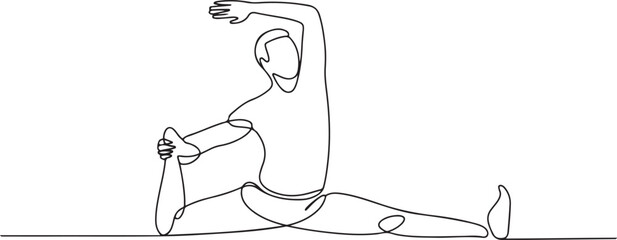 Single continuous line drawing Arab man stands with one hand raised the other hand holding tip of leg. Stretching. Take advantage of free time for light exercise. one line Icon drawing © MofajjolHossen