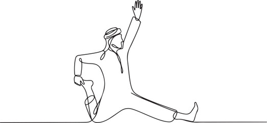 Single continuous line drawing Arab man stands with one hand raised the other hand holding tip of leg. Stretching. Take advantage of free time for light exercise. one line Icon drawing © MofajjolHossen