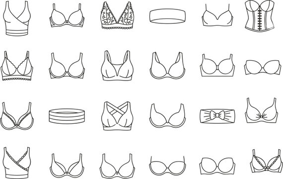 Collection of black and white line art icons representing various styles of bras and bralettes Keywords: bra, bralette, icon