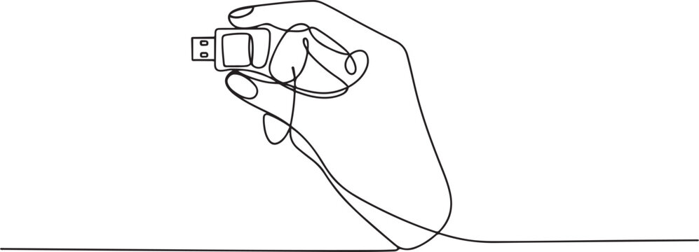 Single continuous line drawing hand is holding a flash drive. Has the largest storage media up to 1TB. Small things with many benefits. National Flash Drive Day. one line Icon drawing