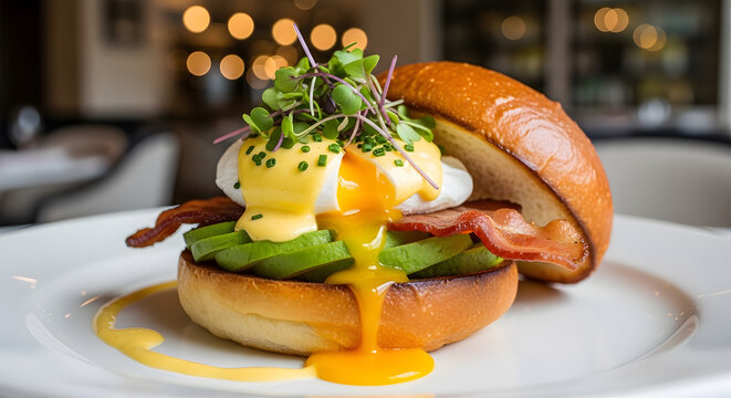 A beautifully plated eggs benedict burger features a soft poached egg hollandaise sauce avocado and crispy bacon on a toasted bun high quality professional